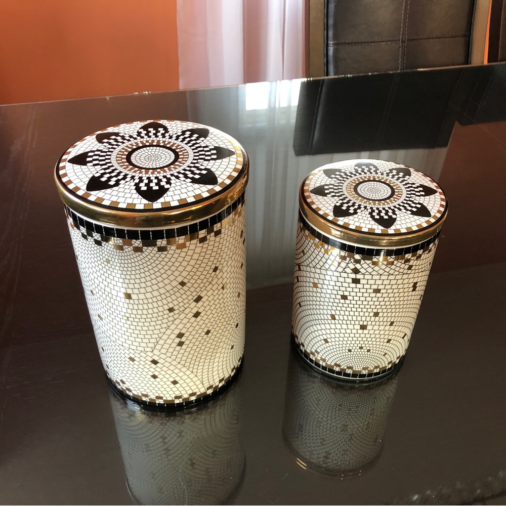 White, black and gold tile mosaic cannisters (two; large and medium) food safe